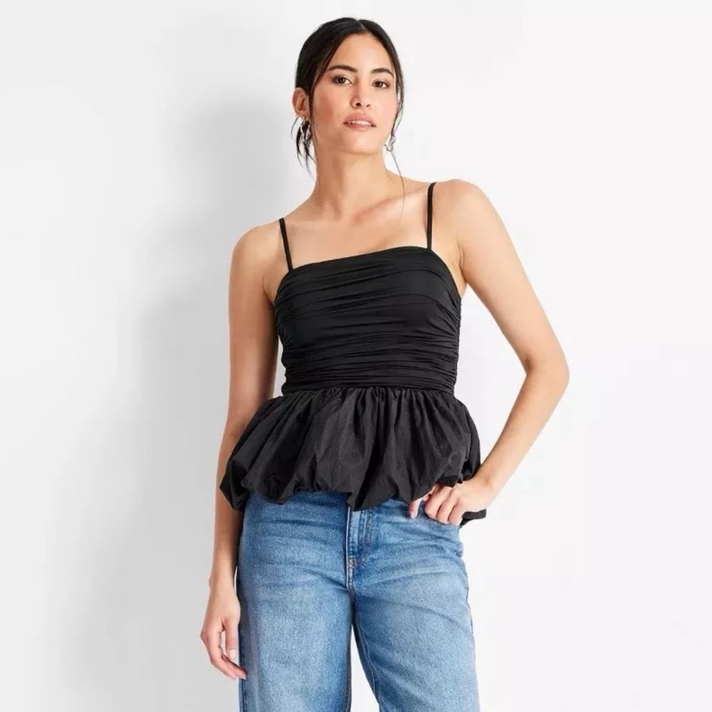Future Collective Women's Square Neck Jersey Ruched Bubble Tank Top sz Small
